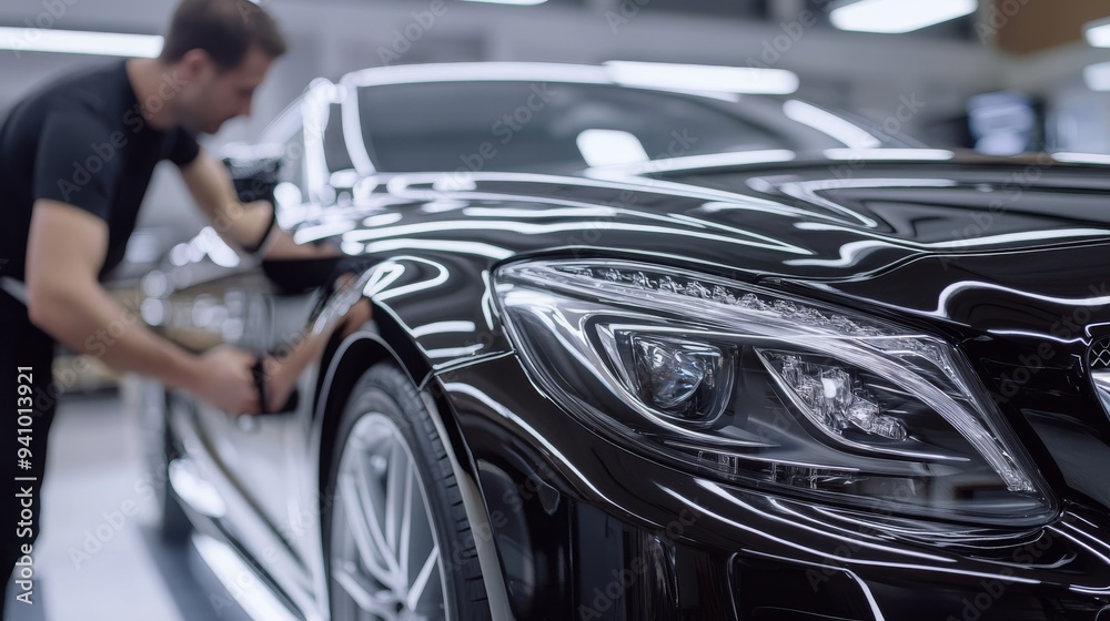 Luxury car service professional cleaning and polishing a luxury vehicle in auto service shop. Luxury car service professional cleaning and polishing a luxury vehicle in auto service shop.