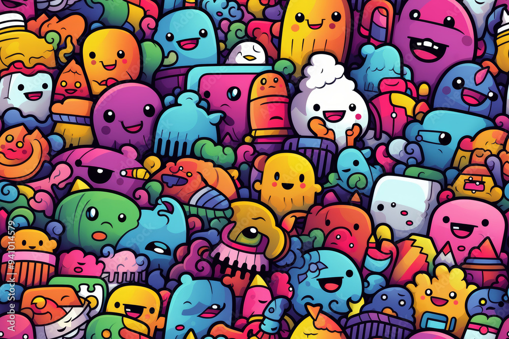 A vibrant, colorful pattern of hand-drawn doodle characters and objects. A vibrant, colorful pattern of hand-drawn doodle characters and objects.