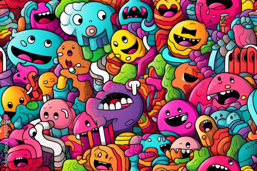 A vibrant, colorful doodle background filled with happy, whimsical characters and shapes.