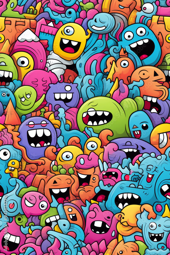 A vibrant, colorful pattern of cartoon monsters with big eyes, wide mouths, and various expressions. A vibrant, colorful pattern of cartoon monsters with big eyes, wide mouths, and various expressions.