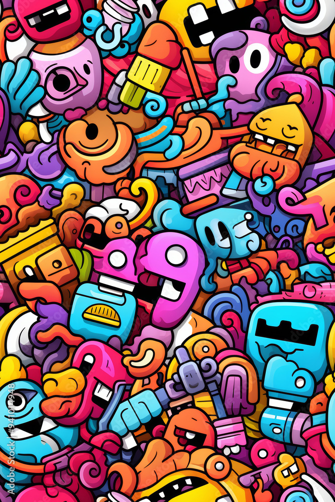 A vibrant, colorful, and whimsical doodle pattern featuring various cartoon characters, shapes, and objects. A vibrant, colorful, and whimsical doodle pattern featuring various cartoon characters, shapes, and objects.