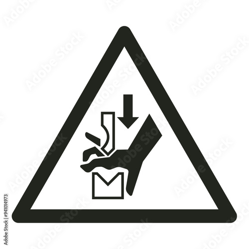 ISO warning safety signs_warning ; hand crushing between press brake tool_symbol and pictogram only_black and white edition