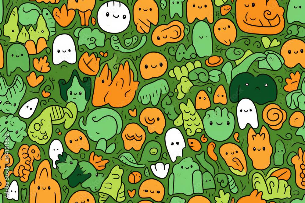 A whimsical green background with a fun and colorful doodle pattern of cartoon characters, leaves, hearts and swirls. A whimsical green background with a fun and colorful doodle pattern of cartoon characters, leaves, hearts and swirls.