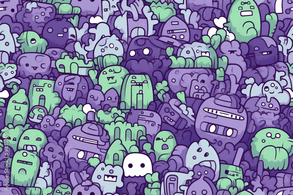A whimsical pattern featuring a dense collection of hand-drawn purple and green creatures, shapes, and abstract forms. A whimsical pattern featuring a dense collection of hand-drawn purple and green creatures, shapes, and abstract forms.