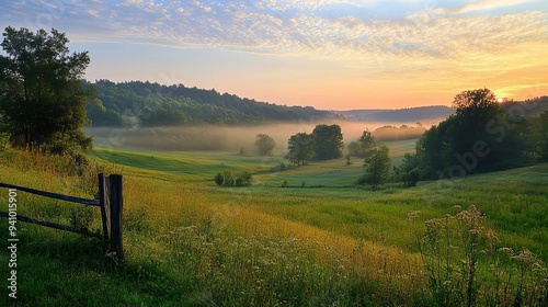 Scenic countryside with mist and sunrise, Monday morning, calm and refreshing