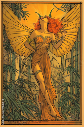 An elegant poster in a 20s and 30s nostalgic style featuring a goddess-like female elf and star, perfect for vintage wallpaper.