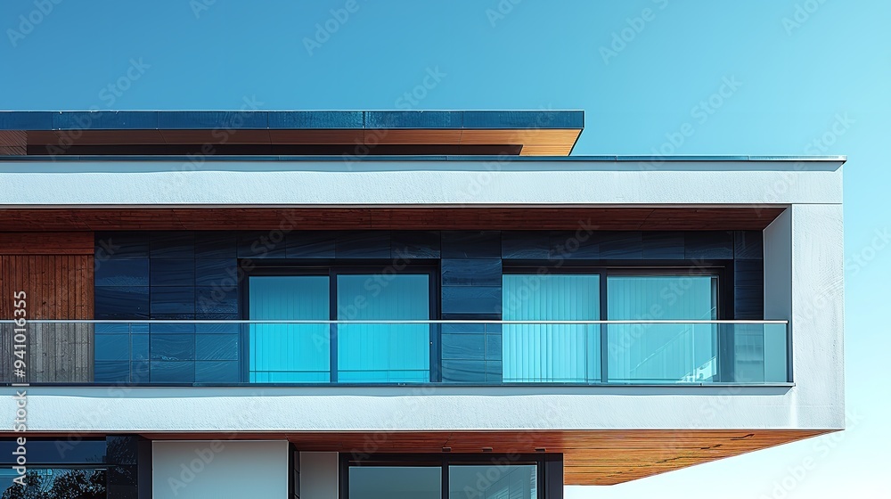 Contemporary home with a rooftop covered in blue solar panels under a clear sunny sky. Eco-friendly photovoltaic power generation and renewable energy source. Contemporary home with a rooftop covered in blue solar panels under a clear sunny sky. Eco-friendly photovoltaic power generation and renewable energy source.