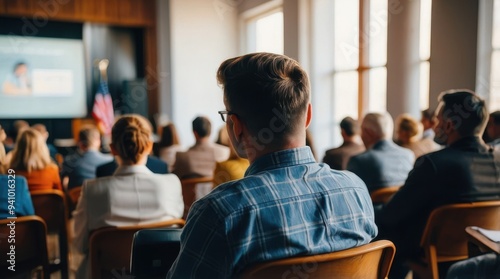 Speaker giving presentation in hall at university workshop in front of audience or conference hall. Rear view of participants with softly blurred presenter. Scientific conference event, training