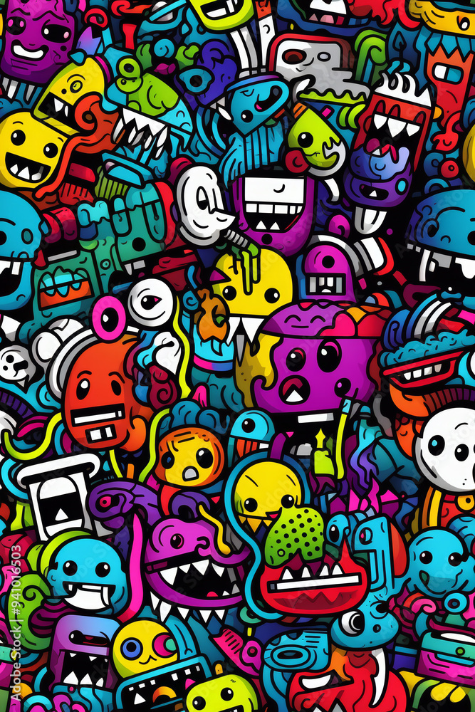 Colorful abstract doodle pattern with many cartoon monsters and creatures. Colorful abstract doodle pattern with many cartoon monsters and creatures.