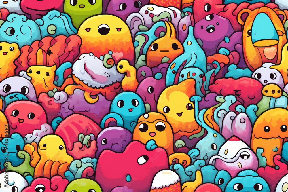 Colorful and playful cartoon monsters pattern with happy and cheerful expressions. Colorful and playful cartoon monsters pattern with happy and cheerful expressions.
