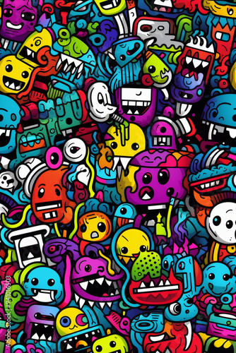 Colorful abstract doodle pattern with many cartoon monsters and creatures.