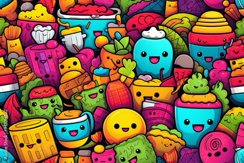 Colorful and cheerful doodle pattern featuring various kawaii characters and objects.