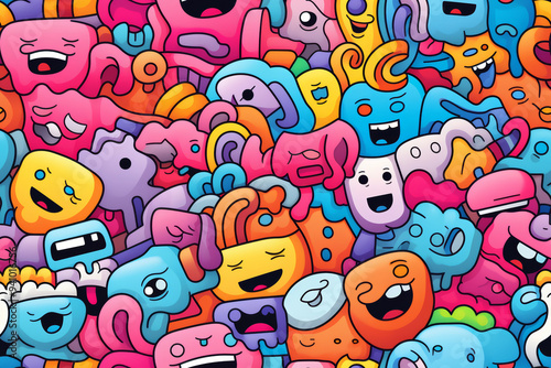 Colorful and playful doodle pattern with various cute cartoon characters.