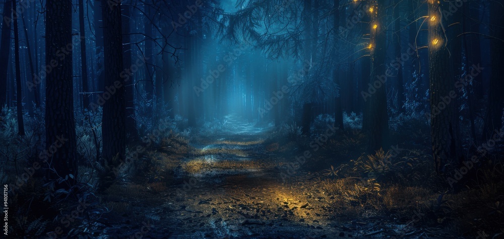 Mysterious forest path illuminated by glowing lanterns at night, surrounded by tall trees and dense foliage, creating an enchanting atmosphere. Mysterious forest path illuminated by glowing lanterns at night, surrounded by tall trees and dense foliage, creating an enchanting atmosphere.
