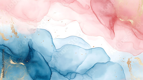 Wallpaper design with paint brush and gold line art. Earth tone blue, pink, ivory, beige watercolor Illustration.