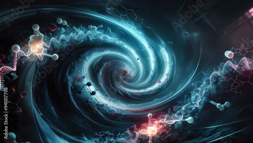 An abstract representation of science and technology featuring a swirling vortex of chemical reactions molecular structures and DNA strand