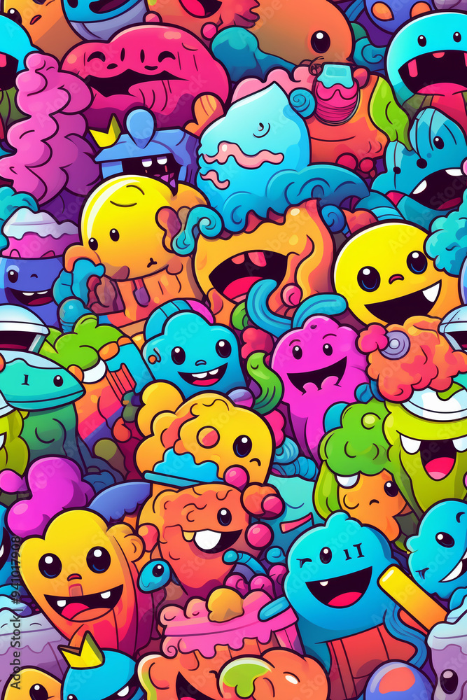 Colorful cartoon monsters and creatures in a seamless pattern. Colorful cartoon monsters and creatures in a seamless pattern.