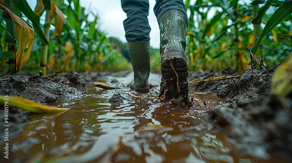 Low-angle photograph of a farmer in olive green boots walking through a muddy cornfield after a flood, with damaged soil and ruined crops in the countryside. Low-angle photograph of a farmer in olive green boots walking through a muddy cornfield after a flood, with damaged soil and ruined crops in the countryside.