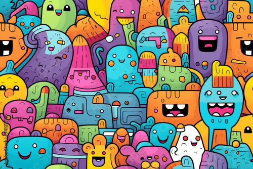 Colorful cartoon monsters with different shapes and expressions, seamless pattern background.