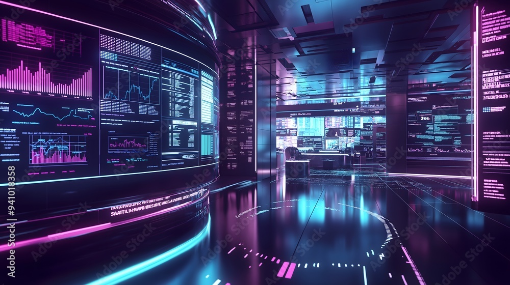Futuristic Tech Control Room with Data Screens Futuristic Tech Control Room with Data Screens