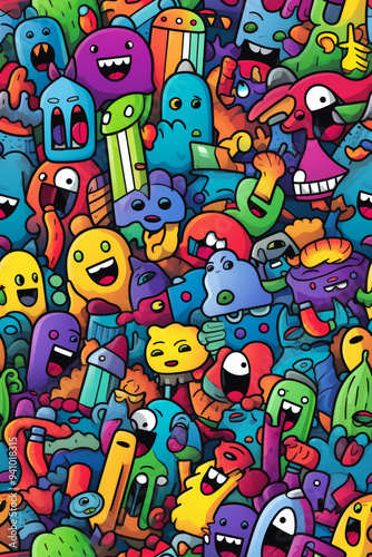 Colorful cartoon monsters with different shapes and expressions in a dense pattern.