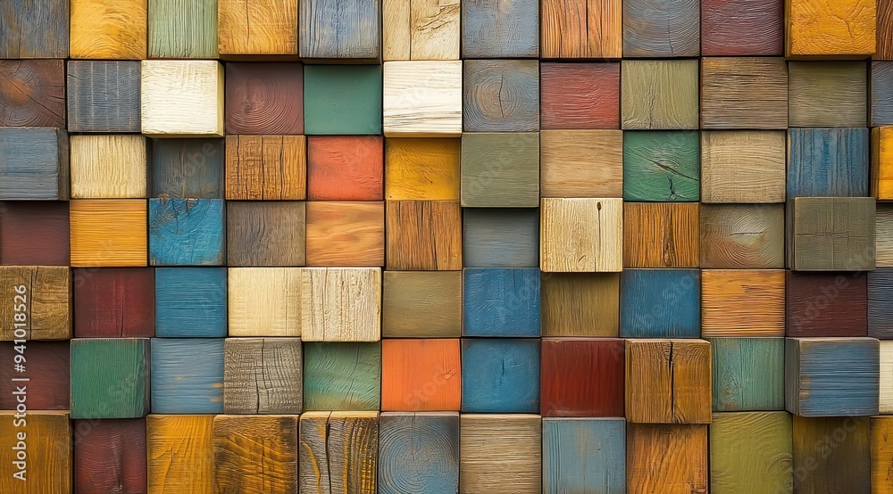 Blocs de bois colorés disposés selon un motif artistique, mettant en valeur différentes nuances et textures pour la décoration intérieure. Blocs de bois colorés disposés selon un motif artistique, mettant en valeur différentes nuances et textures pour la décoration intérieure.