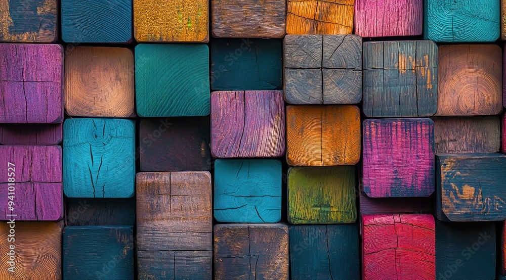 Blocs de bois colorés disposés selon un motif artistique, mettant en valeur différentes nuances et textures pour la décoration intérieure. Blocs de bois colorés disposés selon un motif artistique, mettant en valeur différentes nuances et textures pour la décoration intérieure.