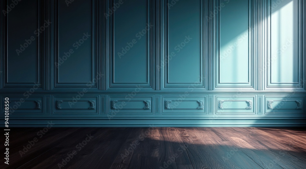 Décoration d'intérieur de luxe, fond de panneau mural de couleur cyan avec un sol en bois foncé, lumière traversante. Décoration d'intérieur de luxe, fond de panneau mural de couleur cyan avec un sol en bois foncé, lumière traversante.
