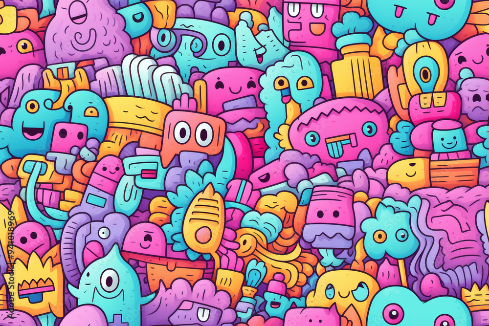 Colorful doodle pattern with funny characters. Colorful doodle pattern with funny characters.