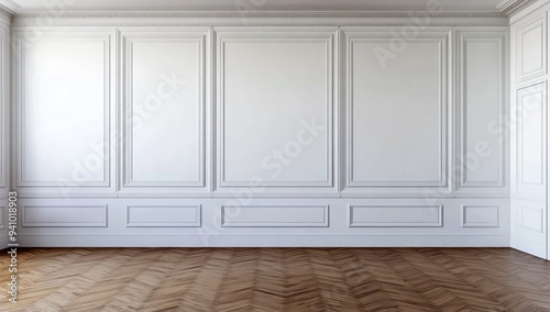 Mur blanc avec boiserie, parquet classique dans une pièce vide, maquette pour l'aménagement intérieur et la décoration d'une maison, d'un appartement ou d'un espace de bureau.