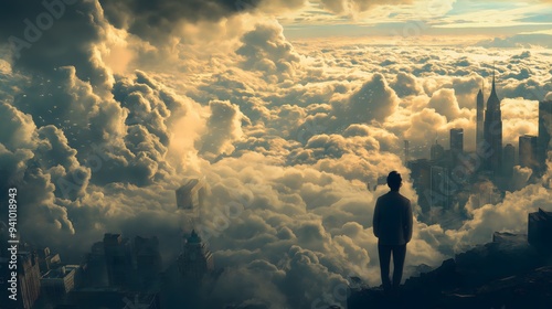 Person Above the Clouds Overlooking City
