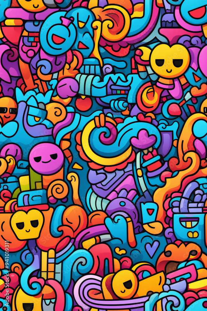 Colorful doodle pattern with happy faces, hearts, and swirls. Colorful doodle pattern with happy faces, hearts, and swirls.