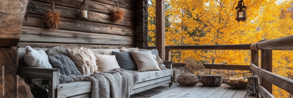 Balcony with pillows and blankets against backdrop of autumn leaves. Wooden terrace. Autumn retreat Balcony with pillows and blankets against backdrop of autumn leaves. Wooden terrace. Autumn retreat