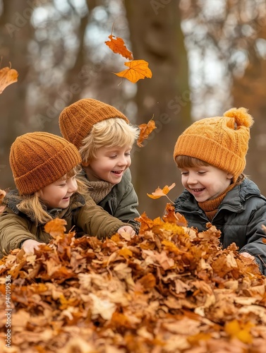 A group of children playing in a pile of fallen leaves in a park, capturing the joy and innocence of autumn Journey Autumn Vacation, Childhood Joy