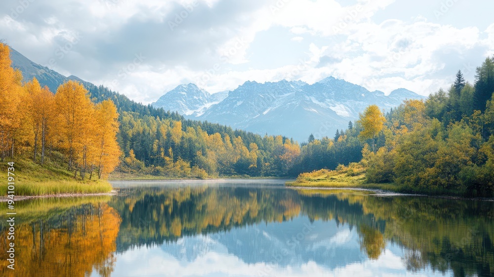 A mountain lake reflecting the autumn landscape around it, a mirror image of nature s beauty Journey Autumn Vacation, Reflective Serenity A mountain lake reflecting the autumn landscape around it, a mirror image of nature s beauty Journey Autumn Vacation, Reflective Serenity