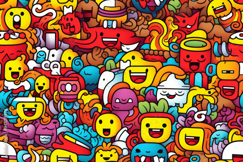 Colorful seamless pattern with cute cartoon doodles.