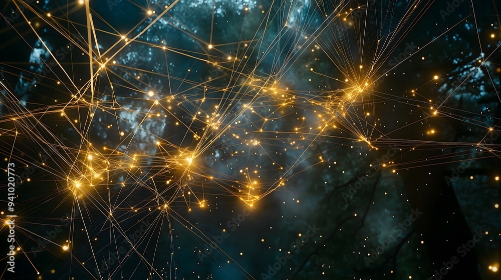 Fototapeta premium Golden Network Glowing in Dark Forest