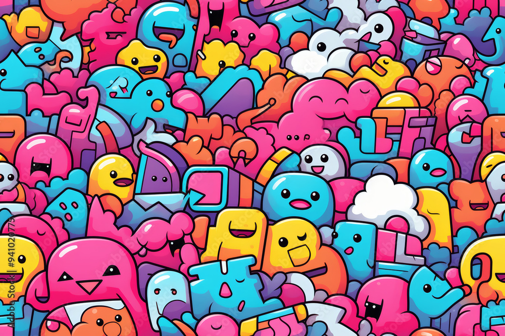 Fototapeta premium Seamless pattern of colorful cartoon characters with various shapes and expressions in a doodle style.