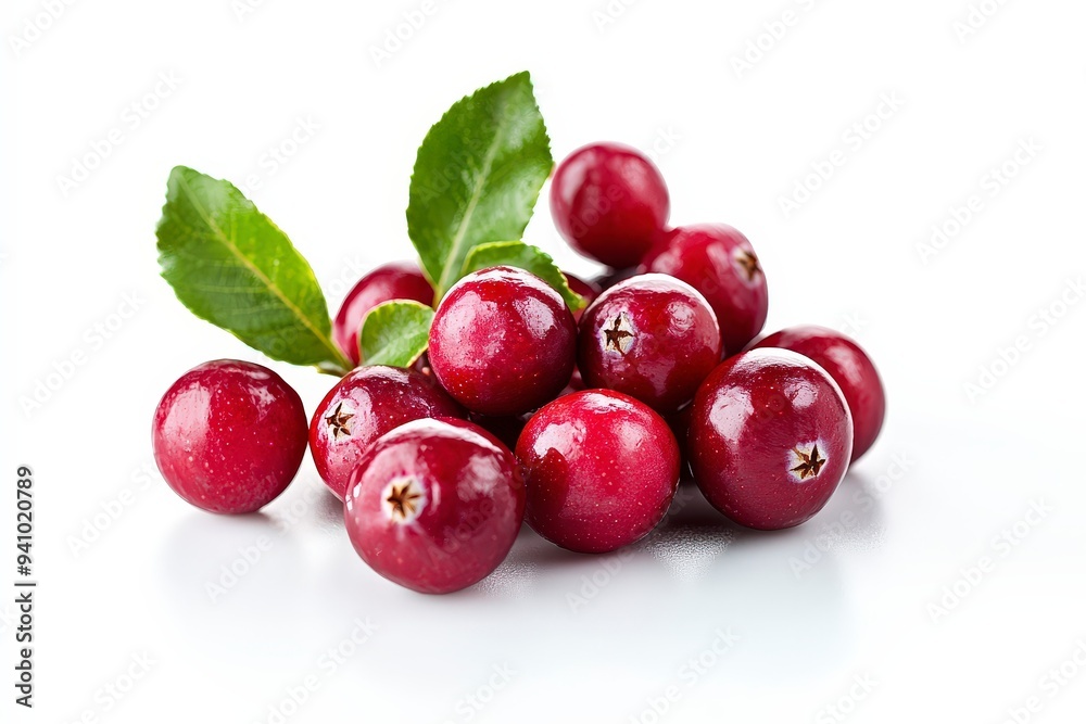 A cluster of vibrant red berries with green leaves on a white background. A cluster of vibrant red berries with green leaves on a white background.