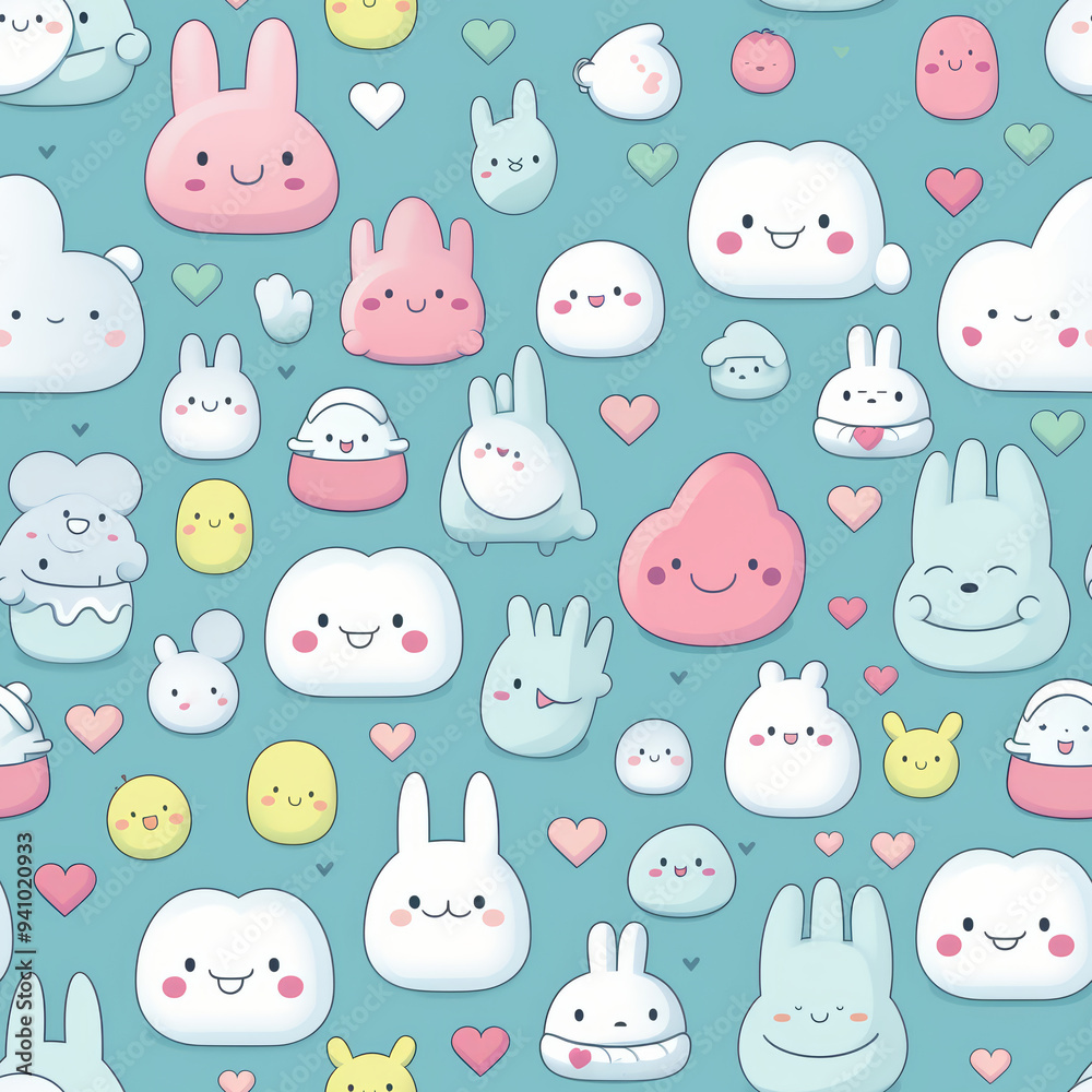 Seamless pattern of cute bunnies, clouds, hearts, and other characters on a light blue background. Seamless pattern of cute bunnies, clouds, hearts, and other characters on a light blue background.