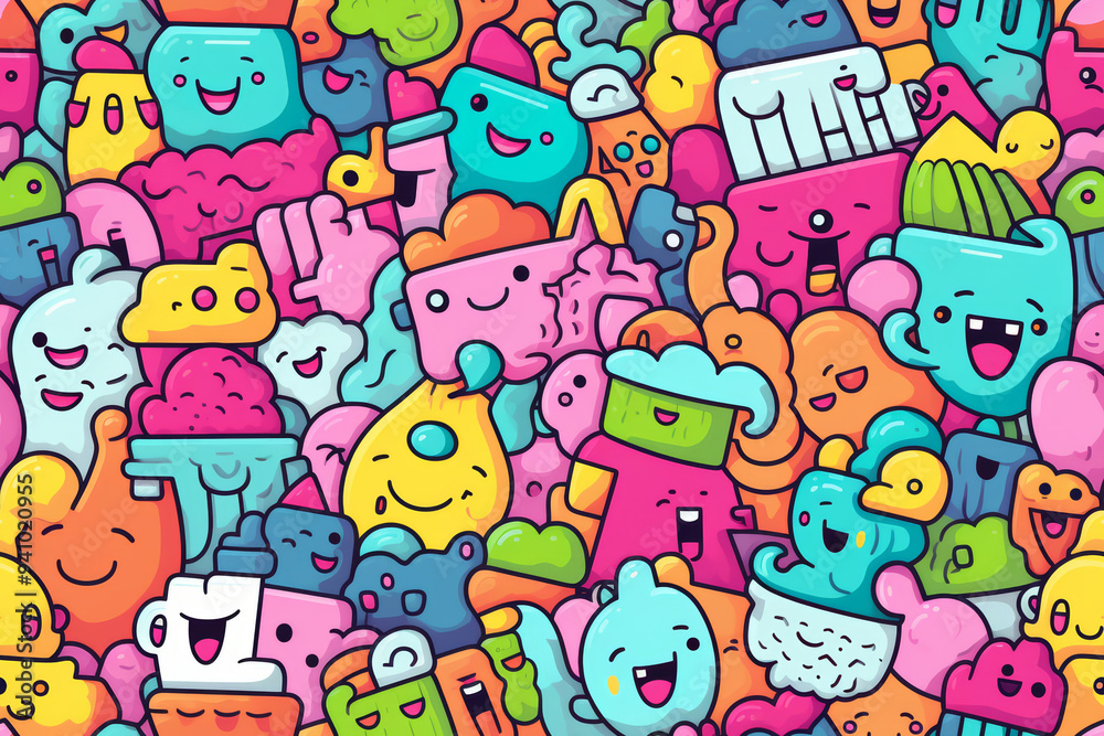 Seamless pattern of colorful doodle characters with cute faces. Seamless pattern of colorful doodle characters with cute faces.