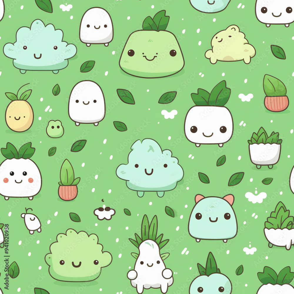 Seamless pattern of cute cartoon characters in a green background.