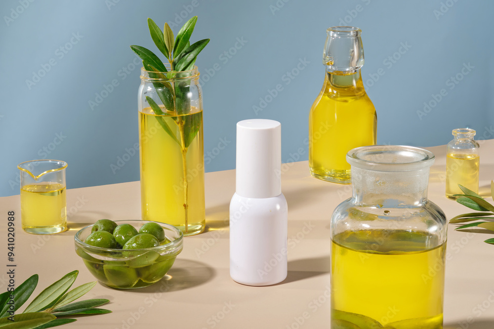 Template for cosmetic advertising with white bottle unlabeled displayed on blue background with fresh olives and glass bottles of olive oil. Olive extract concept Template for cosmetic advertising with white bottle unlabeled displayed on blue background with fresh olives and glass bottles of olive oil. Olive extract concept