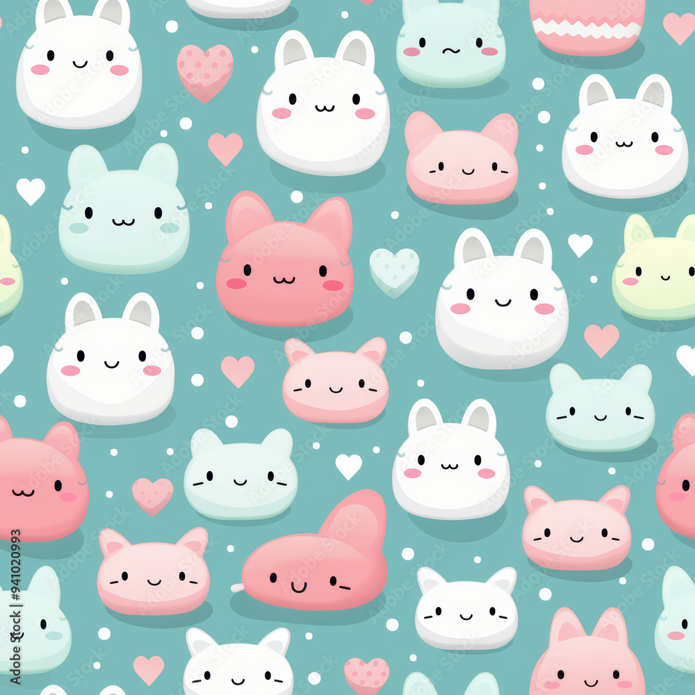 Seamless pattern of cute cartoon cats with hearts on a blue background.