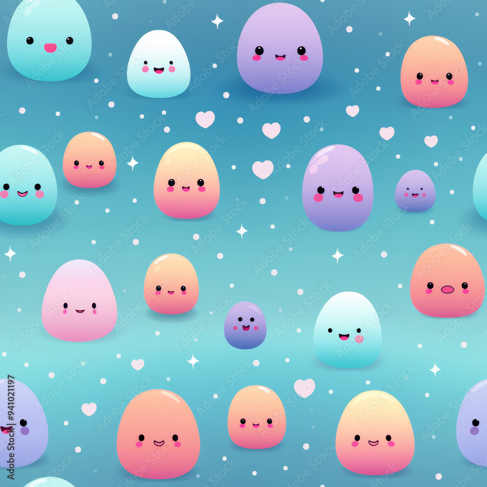 Seamless pattern of cute cartoon characters on a blue background with white stars and hearts.