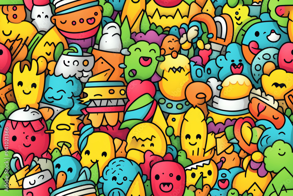 Seamless pattern of colorful hand-drawn doodles with cute characters. Seamless pattern of colorful hand-drawn doodles with cute characters.