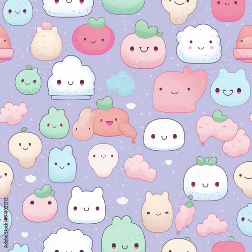 Seamless pattern of cute cartoon characters with smiling faces on a purple background.
