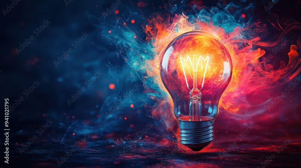 Vibrant Light Bulb with Fiery and Icy Elements Representing Energy and Creativity Vibrant Light Bulb with Fiery and Icy Elements Representing Energy and Creativity