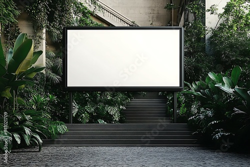Set against a background of greenery and a stairway, a sizable empty billboard offers a space