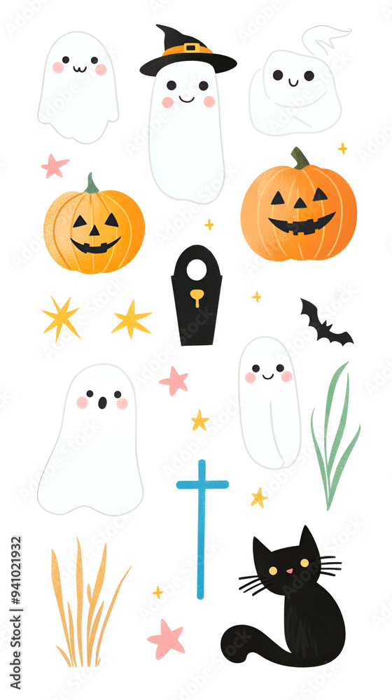 Naklejka premium Adorable Halloween Elements Illustration Set: Pumpkins, Ghosts, and Black Cat